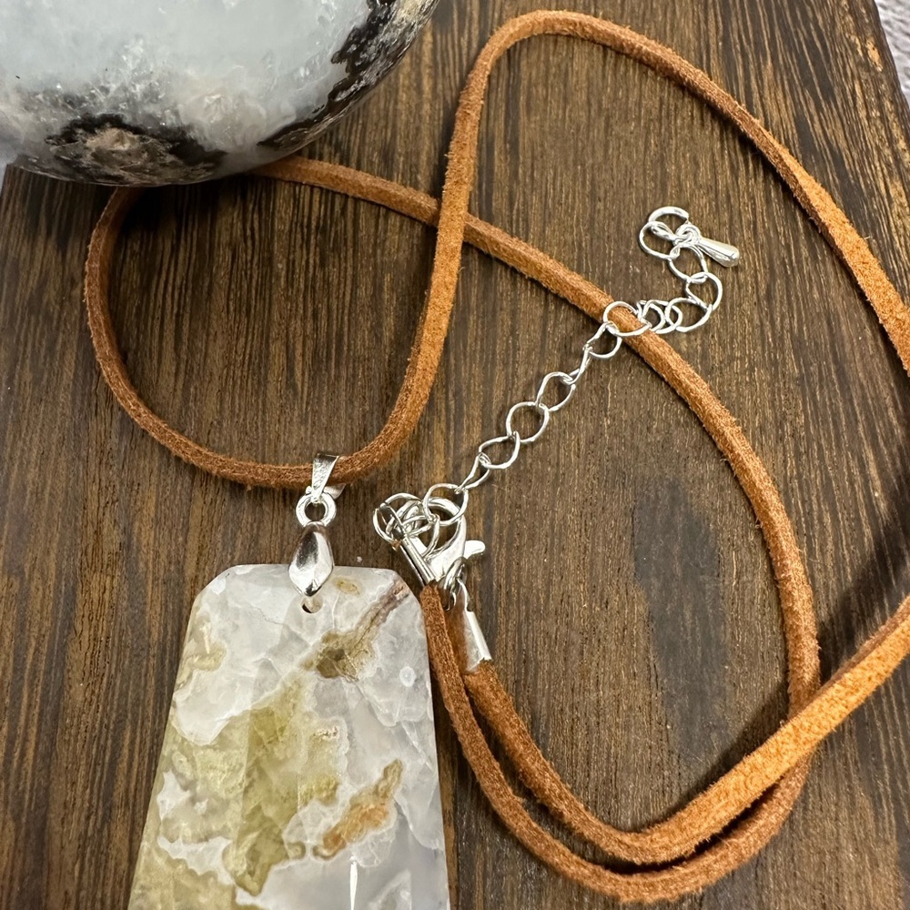 Moss Agate Pendant Necklace on Brown Faux Suede - Picture 6 of 8